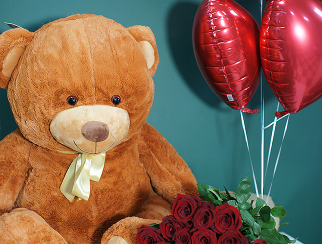 Set: Bouquet of 25 premium Dutch red roses 80-90 cm, bear h=120 cm, and 5 heart-shaped foil balloons photo